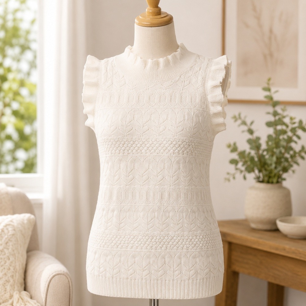 Who What Wear Knit Top Womens XXL Cream Ruffle Mock Neck Pointelle Eyelet Vest